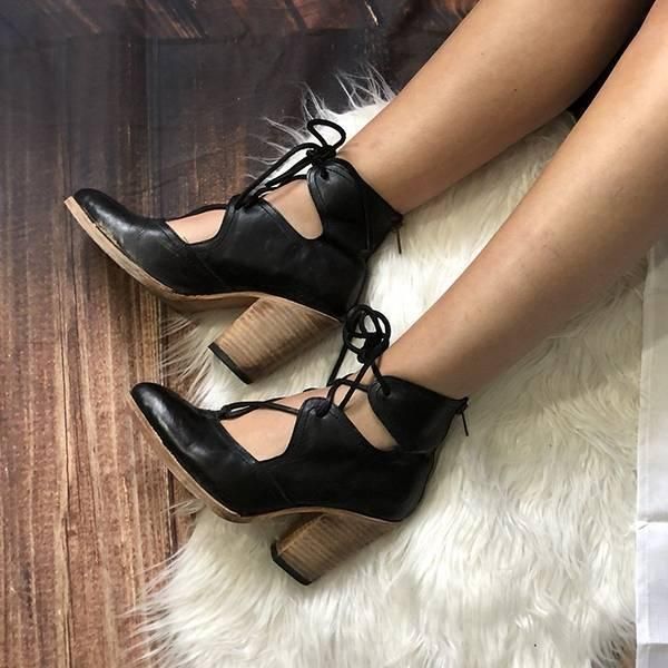 dress shoes narrow band high square heel women pumps solid fashion concise single summer lace-up elegant ladies, Black